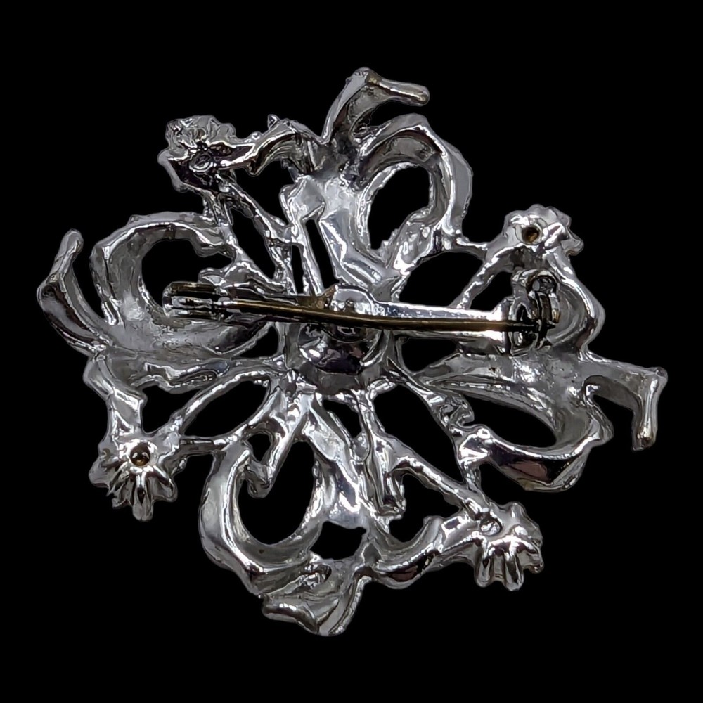 Vintage Clear Rhinestone Silver Tone Flower Ribbon Brooch Pin Estate Statement - Picture 2 of 6